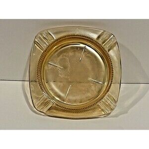 Vintage Marigold Depression Iridescent Glass Ashtray Ribbed Sides Floral Inlay